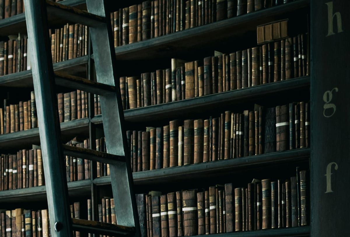 A beautifull library with books and ladder leaning on the bookshelves.